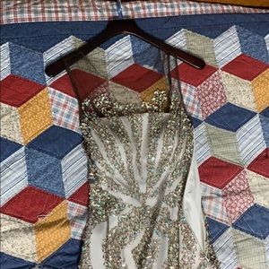 Brown and white w/multi colored sequin prom dress